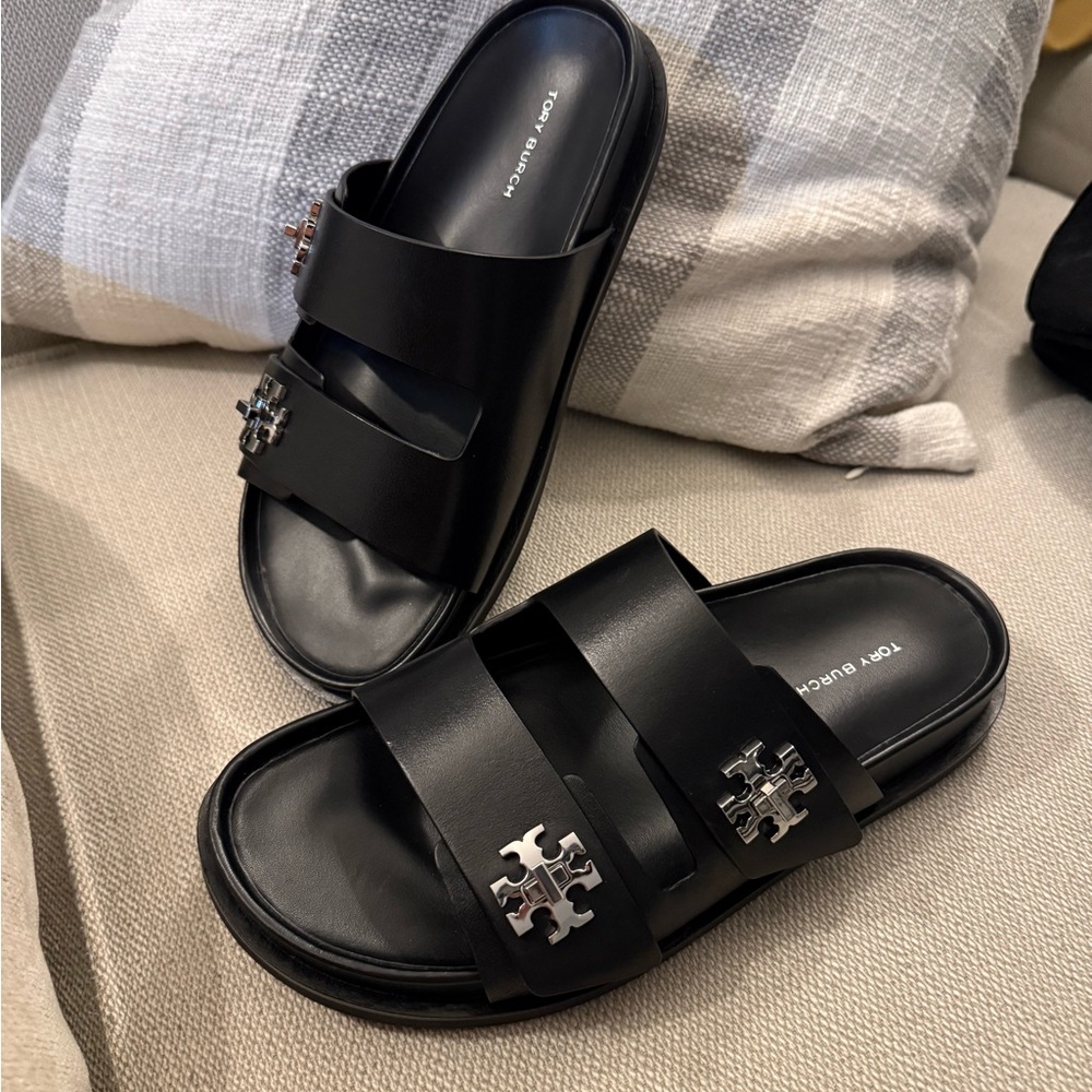 Tory Burch Turnlock Sport Slides with Silver Emblem - Picture 2 of 5